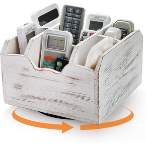 yarlung Vintage Rotating Remote Control Holder, Shabby Chic White Wooden Office Supplies Organizer 7 Compartments, 360° Rotation Multipurpose Storage Caddy for Pens, Art Supplies, TV Media
