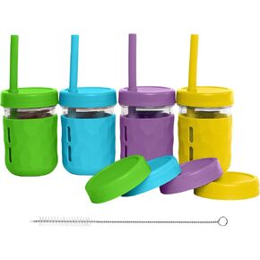 WeeSprout Glass Cups With Lids & Straws, Spill-resistant Cups for Toddlers & Kids, Triple as Toddler Cups, Baby Food Storage & Snack Jars, XL Silicone Straws, Easy-grip Sleeves, Set of four 12 oz jars in Saudi Arabia