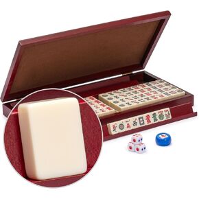 Yellow Mountain Imports American Mahjong Set, Classic Mini with Portable Wooden Case - Four Wooden Racks, Wind Indicator, and Dice