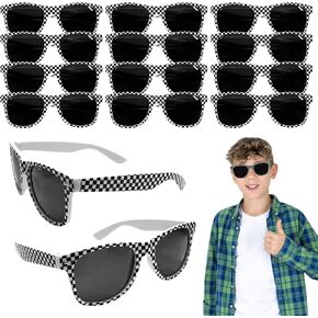 Rainmae 12 Pcs Race Car Checkered Sunglasses for Teenagers and Adults Bulk with Protection, Retro Racecar Party Favor Supplies, Summer Pool Beach Accessories, Racing Theme Birthday Gifts