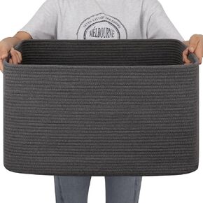 OIAHOMY 95L Blanket Basket, 24"x17"x14", Large Woven Baskets for Storage, Nursery Cotton Rope Basket with Handle, Living Room, Nursery, Bedroom,Toy Baskets Organizer Bins, Grey & White