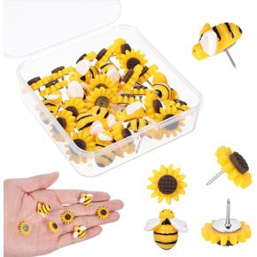 30 Pcs Sunflower Bee Push Pins Decorative Thumb Tacks Cork Board Thumbtacks Cute Flowers Bees Push Pins with Box Decorative Push Pins for Cork Board Bulletin Board Photos Wall Office Decors Supplies