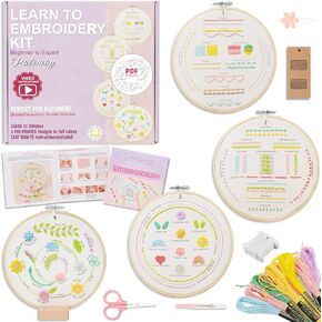 Patemby 4 Set Embroidery Kit for Beginners Adults and Teens, Learn to Embroider Stitches 33 Different, Beginners Hand Embroidery Adults Craft Kit with Simple Starter Embroidery Patterns