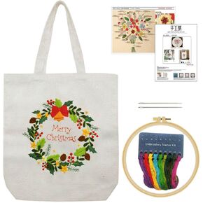 KABAKE Canvas Tote Bag Embroidery Kit, Embroidery Kits for Beginners, Arts and DIY Crafts Embroidery Starter kit, Include Stamped Embroidery Bag, Threads, Embroidery Tools (Black Bag with Floral 2)