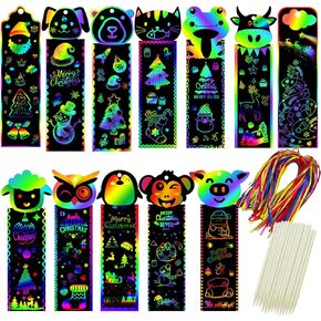 100Pcs Scratch Art Bookmarks Making Kit for Kids, Scratch Paper DIY Animal Bookmarks Bulk with 100 Pcs Ribbons and 100 Pcs Wood Stylus for Classroom Activities Craft Supplies Party Favors