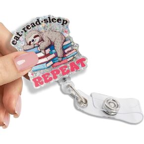 Eat Read Sleep Repeat Glitter Retractable Reel ID Card Clip, Funny Sloth Sleeping On Books Badge Reel Gifts for Nurse Doctor Social Worker Librarian, Mental Health Gifts for Sloth Book Lover