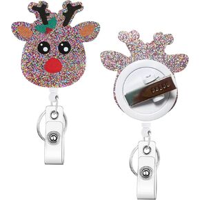 Christmas Badge Reel Retractable Clip for Nurse, Funny Glitter Santa Cute ID Badge Holder, Holiday Nurse Badge Reels with 360° Rotation Alligator Clip for Office Doctor Teacher Student Name Card Tag