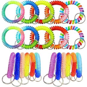 Rocutus 20 Pack Wrist Coil Keychain, Colorful Spring Stretch Key Chain Rainbow Spiral Coil Wristband for Gym, Pool, ID Badge