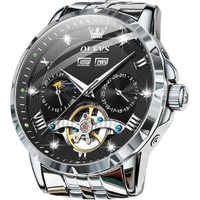 OLEVS Automatic Mens Watches Self Winding Mechanical Business Luxury Dress Stainless Steel Moon Phase Waterproof Luminous Calendar Wrist Watches for Men（Gold/Black/Blue/Green/White Dial）