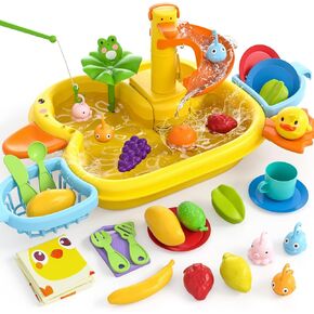 3-IN-1 Play Sink with Running Water, Kids Kitchen Sink Toys with Electric Duck Faucet, Pretend play kitchen accessories, play food, Water Slide Track, Pool Floating Fishing Game Gift Toy for BoysGirls