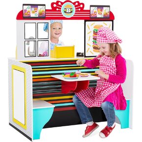 Lil' Jumbl Double-Sided Restaurant Playset for Kids, Wooden Pretend Diner Set, Kitchen Set with Cash Register, Burners, Faucet & Dispenser are Battery Operated and Make Realistic Sound & Light