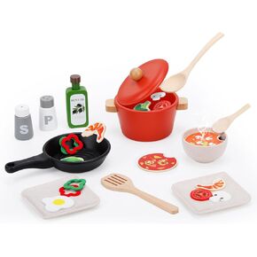 deli Wooden Play Food Set, 25Pcs Kids Play Kitchen Toys Set, Pretend Cooking Playset Acccessories for Kids Ages 3+