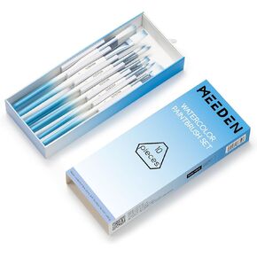 MEEDEN Watercolor Paint Brush Set: 10 Pcs Art Painting Brushes with Flat Round Detail Types - Artist Paint Brushes for Adult Beginner Watercolor Gouache Inks Painting