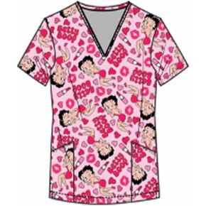 Betty Boop Women's All Over Print, V-Neck Scrub Top with Pockets - Comfortable Work Uniform