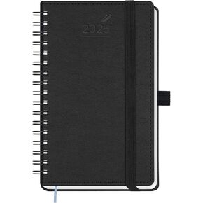 BEZEND 2025 Planner Daily Weekly & Monthly Spiral Bound 5.8" x 8.5" (Jan - Dec 2025) Agenda 2025 Vertical Calendar Book with Hourly Schedule, Monthly Tabs, Vegan Leather Softcover - Black