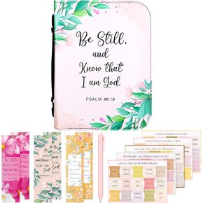 Bible Cover Case for Women PU Leather Bible Case with Handle & Zippered Pocket, Floral Carrying Book Case Church Bag Bible Bookmarks Pen and Bible Tabs for Smaller Bible Accessories