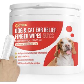 Dog Ear Wipes Finger, Gently Remove Ear Debris, Wax & Odor, Soothing Cat & Dog Ear Cleaner Wipes for Stopping Ear Itching and Infections, Natural Formula, 50 Counts