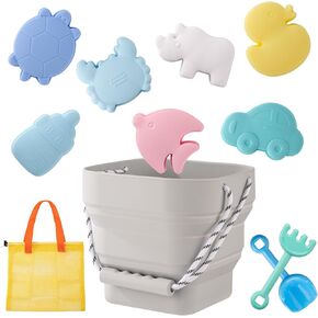 Silicone Beach Toys - Modern Baby Travel Friendly Beach Set | Bucket, Shovel, 7 Sand Molds, Bag | Sand Toys for Toddlers, Kids - 11pc (Light Green)