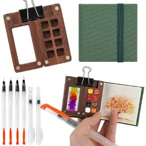 Mini Watercolor Palette Travel Paint Set Portable Painting Kit with Wooden Grid Paint Box Watercolor Paper Pad Sketch Book Brush Pens Binder Clips for Artists Painters Students (Pine Green)