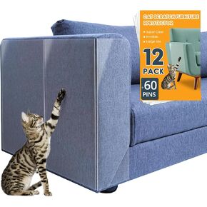 12 Pack Cat Scratch Furniture Protector 60 Pins, Cat Couch Protector from Cat Claws, Anti Cat Scratcher Deterrent for Sofa, Doors, Chairs (14" x 11/6")