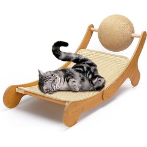 Outamateur Sisal Cat Scratcher Bed, Cat Hammock Chair, Pet Scratcher Lounge with Toy Ball, 3 in 1 Mini Beach Chair with Removable Sisal Pad for Indoor Cats, Rabbit