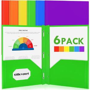 Officygnet 6 Packs Plastic Folders with Pockets and Prongs Fastener, Bulk Multicolor 2 Pocket Folders, Heavy Duty File Folders for Office School Supplies, Two Pocket Folders for Letter Size Sheets