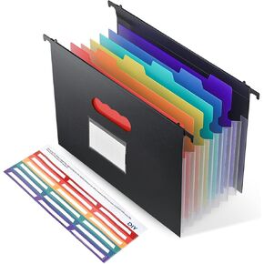 Expanding Hanging File Folders, Plastic Filing Organizer, 7 Pockets Accordion Drawer Organizer for Filing Cabinet, Insert Filling Folders with Colorful Tabs 1/3 Cut, Letter Size 1 Pack