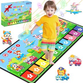 MOMUSE Piano Music Mat with 80 Sounds, Large Animal Car Touch Blanket Playmat Carpet Musical Toys for Toddlers 1-3, Portable Floor Keyboard Dance Mat Gifts for 1 2 3 4 5 Years Old Boys Girls (43×18")