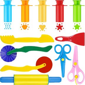Play Dough Tools 12 Pcs Basic Playdough Tools Set for Kids with Various Shape Dough Extruders, Rolling Pin, Cutters,Plastic Hand Scraper, Plastic Scissors