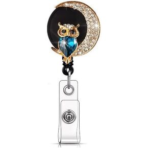 1Pc Bling Black Owl Crystal Badge,ID Name Badge Reels with Alligator Swivel Labels,Reels Retractable Rhinestone Badge Holder, ID Badge Clip for Teacher Worker Nurse Gift,Identification Supplies