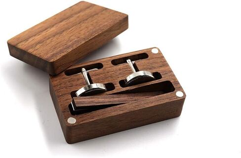 Rustic Walnut Wooden Round Cufflinks Tie Clips Set for Men with Wooden Organizer Box in Saudi Arabia
