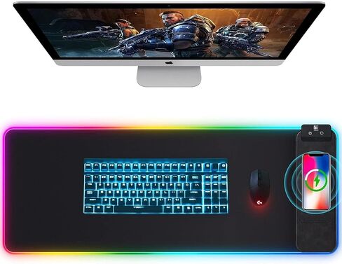 لوحة ماوس مع حامل هاتف، حصيرة مكتب للشحن اللاسلكي، لوحة ماوس للألعاب RGB للمنزل والمكتب، وسادة مكتب كبيرة مع سطح فائق النعومة، قاعدة غير قابلة للانزلاق، لوحة لوحة مفاتيح مقاومة للماء، حصيرة مكتب سوداء كلاسيكية in Kuwait