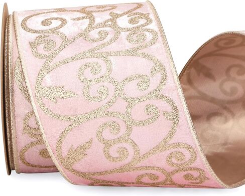Ribbli Light Pink Velvet Ribbon Wired with Glitter Swirl 4 Inch Christmas Ribbon for Christmas Tree Decoration Big Bow Gift Wrapping Crafts Wreaths Supplies - 10 Yards in Saudi Arabia