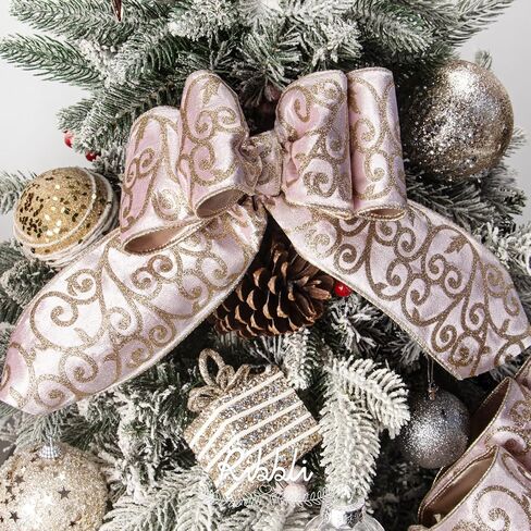 Ribbli Light Pink Velvet Ribbon Wired with Glitter Swirl 4 Inch Christmas Ribbon for Christmas Tree Decoration Big Bow Gift Wrapping Crafts Wreaths Supplies - 10 Yards in Saudi Arabia