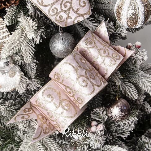 Ribbli Light Pink Velvet Ribbon Wired with Glitter Swirl 4 Inch Christmas Ribbon for Christmas Tree Decoration Big Bow Gift Wrapping Crafts Wreaths Supplies - 10 Yards in Saudi Arabia