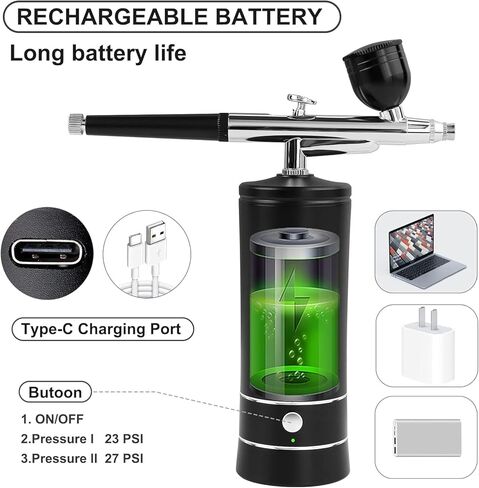 مجموعة فرش البخاخة مع ضاغط - مجموعة فرش هوائية عالية الضغط قابلة لإعادة الشحن بقوة 48 رطل لكل بوصة مربعة، ماكينة أظافر، مجموعة مسدس بخاخة لفن الأظافر، تزيين الكيك، المكياج، الحلاق، طلاء النماذج (أسود) in Kuwait