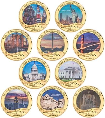 10 قطعة عملة تاريخية سياحية أمريكية مع صندوق مجموعة العملات المعدنية وحامل العملات المعدنية in Kuwait