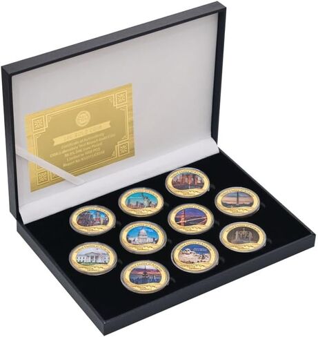 10 قطعة عملة تاريخية سياحية أمريكية مع صندوق مجموعة العملات المعدنية وحامل العملات المعدنية in Kuwait