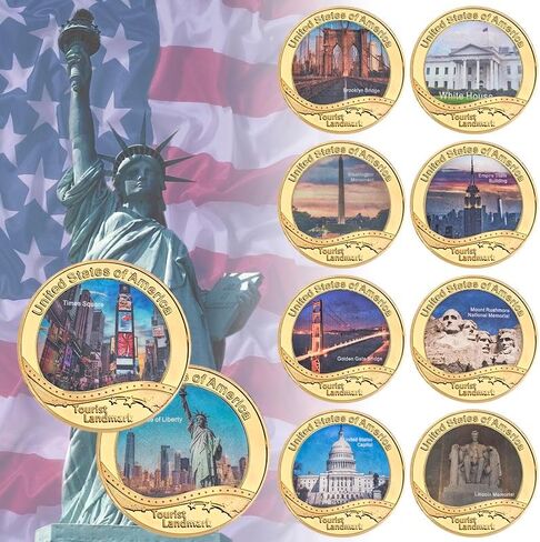 10 قطعة عملة تاريخية سياحية أمريكية مع صندوق مجموعة العملات المعدنية وحامل العملات المعدنية in Kuwait