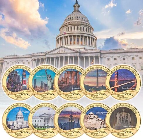 10 قطعة عملة تاريخية سياحية أمريكية مع صندوق مجموعة العملات المعدنية وحامل العملات المعدنية in Kuwait