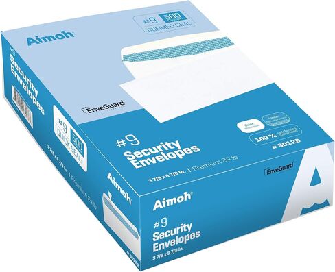 Aimoh 500#9 Security White Envelopes, GUMMED Closure, Premium Security Tint Pattern - No Window, EnveGuard, Size 3-7/8 x 8-7/8 Inches - White - 24 LB - 500 Count (30128) in Kuwait