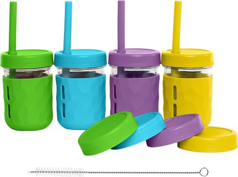 WeeSprout Glass Cups With Lids & Straws, Spill-resistant Cups for Toddlers & Kids, Triple as Toddler Cups, Baby Food Storage & Snack Jars, XL Silicone Straws, Easy-grip Sleeves, Set of four 12 oz jars in Saudi Arabia