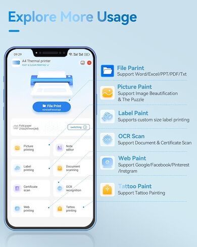 طابعات LIGHTWISH المحمولة اللاسلكية للسفر، طابعة D80 الحرارية بدون حبر، تدعم الحروف الأمريكية مقاس 8.5 بوصة × 11 بوصة، طابعة محمولة متوافقة مع iPhone Android Mac Windows، للسيارة المنزلية المكتبية in Kuwait