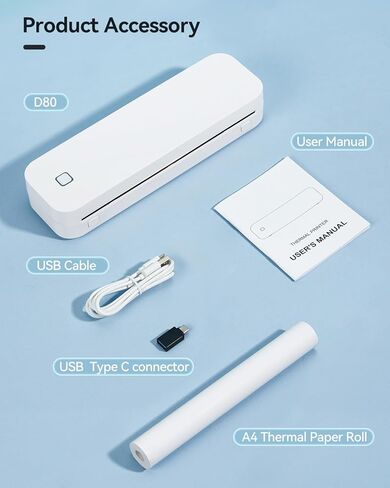 طابعات LIGHTWISH المحمولة اللاسلكية للسفر، طابعة D80 الحرارية بدون حبر، تدعم الحروف الأمريكية مقاس 8.5 بوصة × 11 بوصة، طابعة محمولة متوافقة مع iPhone Android Mac Windows، للسيارة المنزلية المكتبية in Kuwait