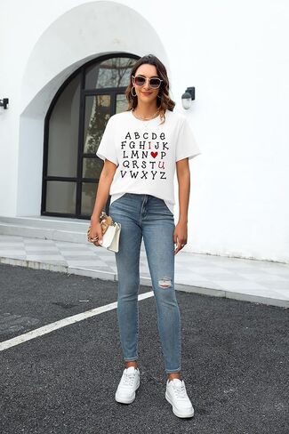 Valentines Shirts for Women Teacher Valentine Gift Alphabet I Love You Tops Girlfriend Shirts Short Sleeve Tees Tops in Kuwait