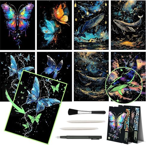 8 Sheet Noctilucent Scratch Art Rainbow Painting Paper with Pen / Cleaning Brush, Glow in The Dark Engraving Scratchboard(A4) for Adults Teen & Kids, Sketch Card Creative Craft Toy (Dolphin/Butterfly) in Saudi Arabia