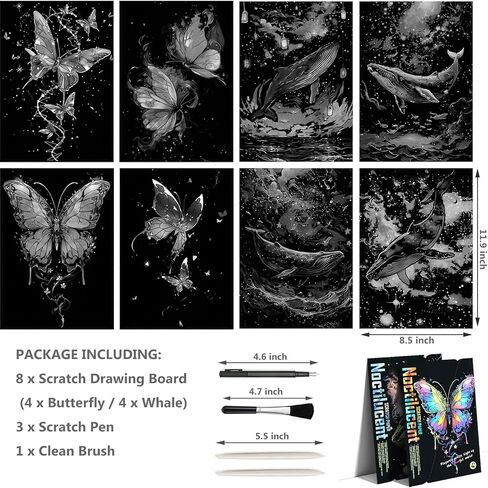8 Sheet Noctilucent Scratch Art Rainbow Painting Paper with Pen / Cleaning Brush, Glow in The Dark Engraving Scratchboard(A4) for Adults Teen & Kids, Sketch Card Creative Craft Toy (Dolphin/Butterfly) in Saudi Arabia
