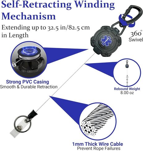 EMS, EMT, Paramedic/Medic Heavy Duty Medical Badge Reel Star of Life. 360° Swivel Carabiner Clip. 32.5" Steel Cable/Rope with Key Ring & ID Strap. 8 oz Weight in Saudi Arabia