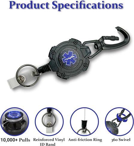 EMS, EMT, Paramedic/Medic Heavy Duty Medical Badge Reel Star of Life. 360° Swivel Carabiner Clip. 32.5" Steel Cable/Rope with Key Ring & ID Strap. 8 oz Weight in Saudi Arabia