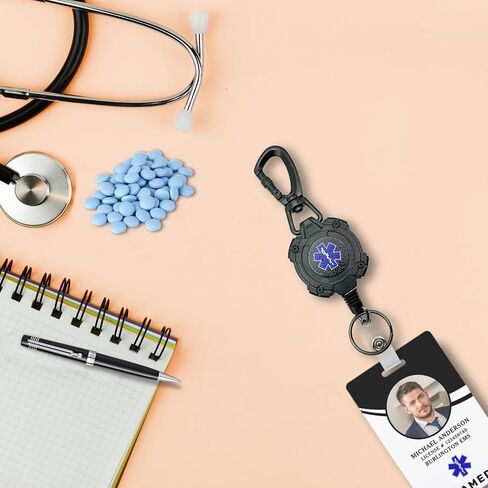 EMS, EMT, Paramedic/Medic Heavy Duty Medical Badge Reel Star of Life. 360° Swivel Carabiner Clip. 32.5" Steel Cable/Rope with Key Ring & ID Strap. 8 oz Weight in Saudi Arabia